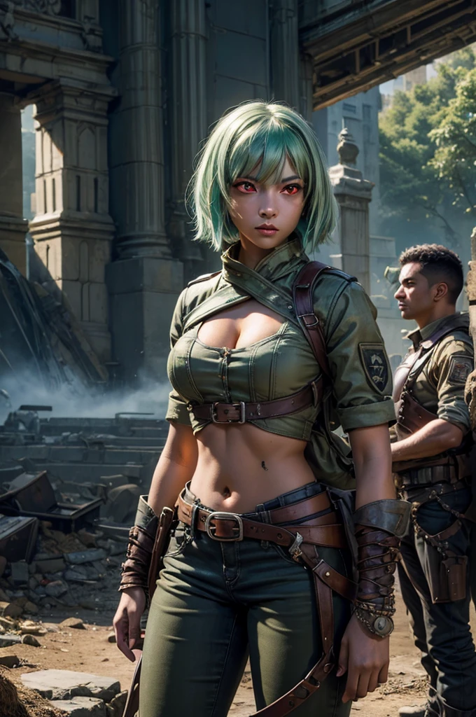 emeraldsustrai, emerald sustrai, short hair, (red eyes:1.5), green hair, dark skin, dark-skinned female, BREAK navel, cleavage, midriff, belt, cleavage cutout, chaps, BREAK city ruins on hill, in valley, mountains in background, waterfall, crowd, (crowd in military dress), post-apocalypse, dystopian future, crowd, (crowd in military uniforms), (volumetric lighting), best quality, masterpiece, intricate details, tonemapping, sharp focus, hyper detailed, BREAK looking at viewer, (cowboy shot:1.5), BREAK (masterpiece:1.2), best quality, high resolution, unity 8k wallpaper, (illustration:0.8), (beautiful detailed eyes:1.6), extremely detailed face, perfect lighting, extremely detailed CG, (perfect hands, perfect anatomy),