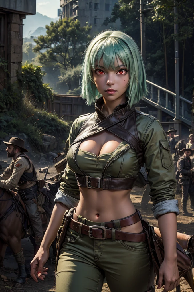 emeraldsustrai, emerald sustrai, short hair, (red eyes:1.5), (green hair), dark skin, dark-skinned female, navel, cleavage, midriff, belt, cleavage cutout, chaps, night, moon, stars, sitting, ((broken suspension bridge, near old steam train)), post-apocalypse, dystopian future, crowd, (crowd in military uniforms), bonfires, (volumetric lighting),  intricate details, tonemapping, sharp focus, hyper detailed, (cowboy shot:1.5), BREAK (masterpiece:1.2), best quality, high resolution, unity 8k wallpaper, (illustration:0.8), (beautiful detailed eyes:1.6), extremely detailed face, perfect lighting, extremely detailed CG, (perfect hands, perfect anatomy),