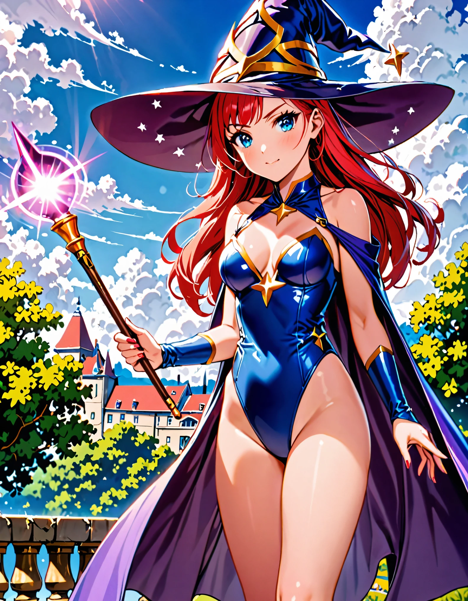 1girl, high school student, superhero, holding wand, superhero sorceress witch, sky witch, leotard, blue leotard with white accents, bare legs, blue thigh-highs, red high heels, witch hat, red hair, long hair, blue eyes, beautiful detailed eyes, beautiful detailed face, cute face, medium breasts, -18, solo, solo focus, wonder
