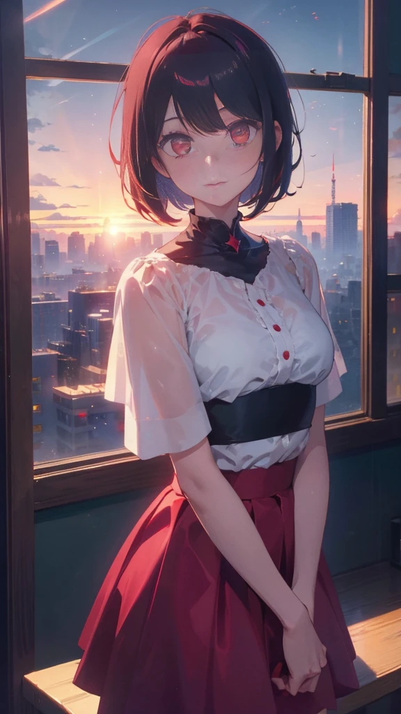 girl with short bob hair,Red eyes ,A shining heaven,A distant view