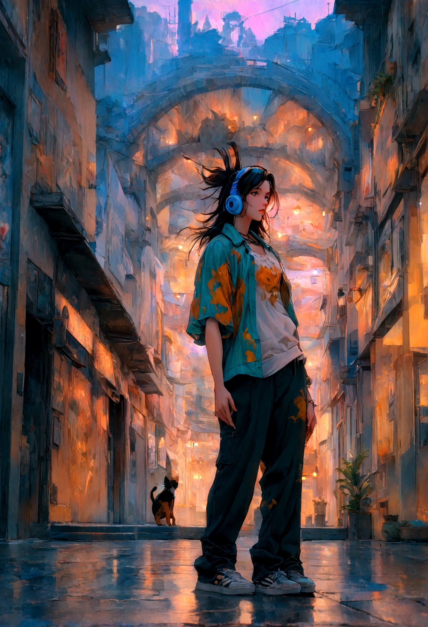 ((melhor qualidade, 8K, Obra de arte: 1.4)),((incredible detail: 1.3)),((illustration, penteado casual: 1.2)),((high resolution: 1.1)), A cute cat skateboarding while standing, headphone headset, camiseta e bermuda, The setting is the promenade along the beach at night, Moda, luz suave, Colorida, profundidade de campo, cinematic lighting, De baixo, Anatomicamente correto, Amazing art of painting, Nenhum homem
