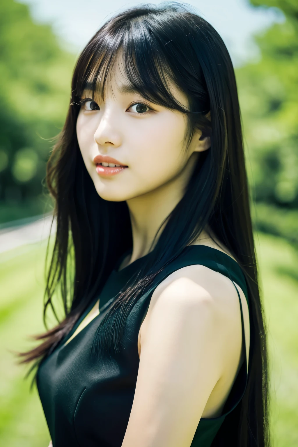 A long-haired woman wearing a black dress and a green belt, Nam Jae Yeon, Portrait of a Korean female idol, Lee Ji-eun, Lee Ji-eun, Yoshitomo Nara, Stopping distance - minutes, Huang Shishi, Black-haired Ishidaho, Larissa Manobar, Chiho