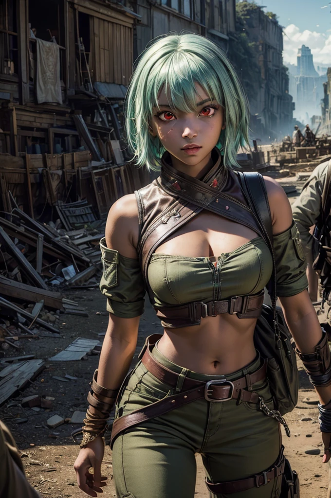 emeraldsustrai, emerald sustrai, short hair, (red eyes:1.5), green hair, dark skin, dark-skinned female, BREAK navel, cleavage, midriff, belt, cleavage cutout, chaps, BREAK city ruins on hill, in valley, mountains in background, waterfall, crowd, (crowd in military dress), post-apocalypse, dystopian future, crowd, (crowd in military uniforms), (volumetric lighting), best quality, masterpiece, intricate details, tonemapping, sharp focus, hyper detailed, BREAK looking at viewer, (cowboy shot:1.5), BREAK (masterpiece:1.2), best quality, high resolution, unity 8k wallpaper, (illustration:0.8), (beautiful detailed eyes:1.6), extremely detailed face, perfect lighting, extremely detailed CG, (perfect hands, perfect anatomy), 