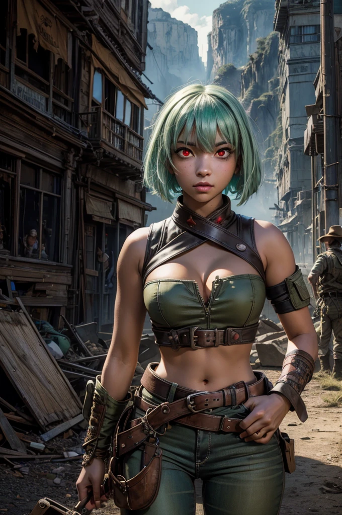 emeraldsustrai, emerald sustrai, short hair, (red eyes:1.5), green hair, dark skin, dark-skinned female, BREAK navel, cleavage, midriff, belt, cleavage cutout, chaps, BREAK city ruins on hill, in valley, mountains in background, waterfall, crowd, (crowd in military dress), post-apocalypse, dystopian future, crowd, (crowd in military uniforms), (volumetric lighting), best quality, masterpiece, intricate details, tonemapping, sharp focus, hyper detailed, BREAK looking at viewer, (cowboy shot:1.5), BREAK (masterpiece:1.2), best quality, high resolution, unity 8k wallpaper, (illustration:0.8), (beautiful detailed eyes:1.6), extremely detailed face, perfect lighting, extremely detailed CG, (perfect hands, perfect anatomy),