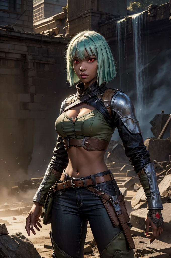 emeraldsustrai, emerald sustrai, short hair, (red eyes:1.5), green hair, dark skin, dark-skinned female, BREAK navel, cleavage, midriff, belt, cleavage cutout, chaps, BREAK city ruins on hill, in valley, mountains in background, waterfall, crowd, (crowd in military dress), post-apocalypse, dystopian future, crowd, (crowd in military uniforms), (volumetric lighting), best quality, masterpiece, intricate details, tonemapping, sharp focus, hyper detailed, BREAK looking at viewer, (cowboy shot:1.5), BREAK (masterpiece:1.2), best quality, high resolution, unity 8k wallpaper, (illustration:0.8), (beautiful detailed eyes:1.6), extremely detailed face, perfect lighting, extremely detailed CG, (perfect hands, perfect anatomy), 