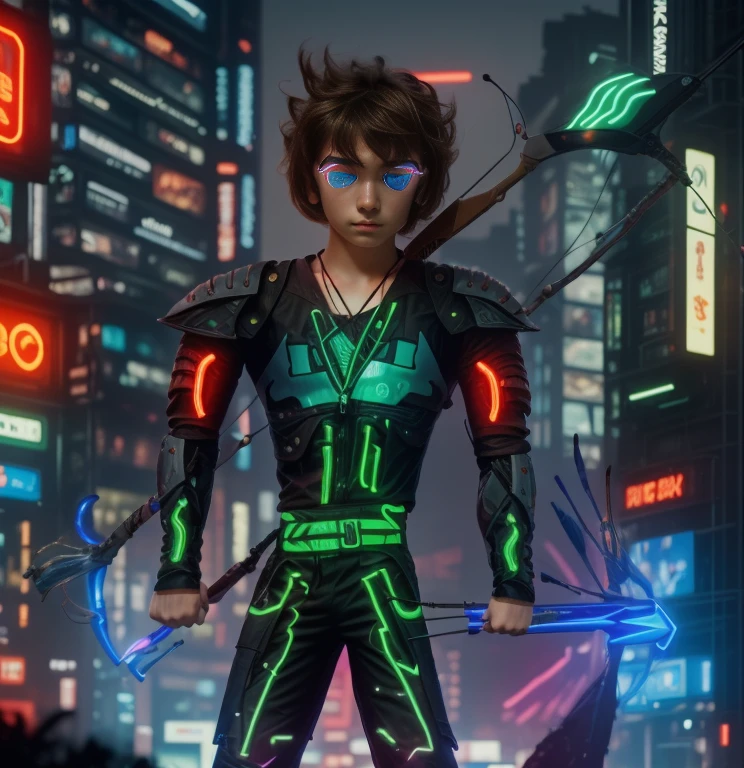 Full-length hyperrealistic photograph of a 1 boy, 20 years old, cyberpunk archer, with cyberpunk technological armor, neon lights effects, energy bow, energy arrows, short brown hairs, masterpiece, photorealistic, raw camera, uhd, 8k