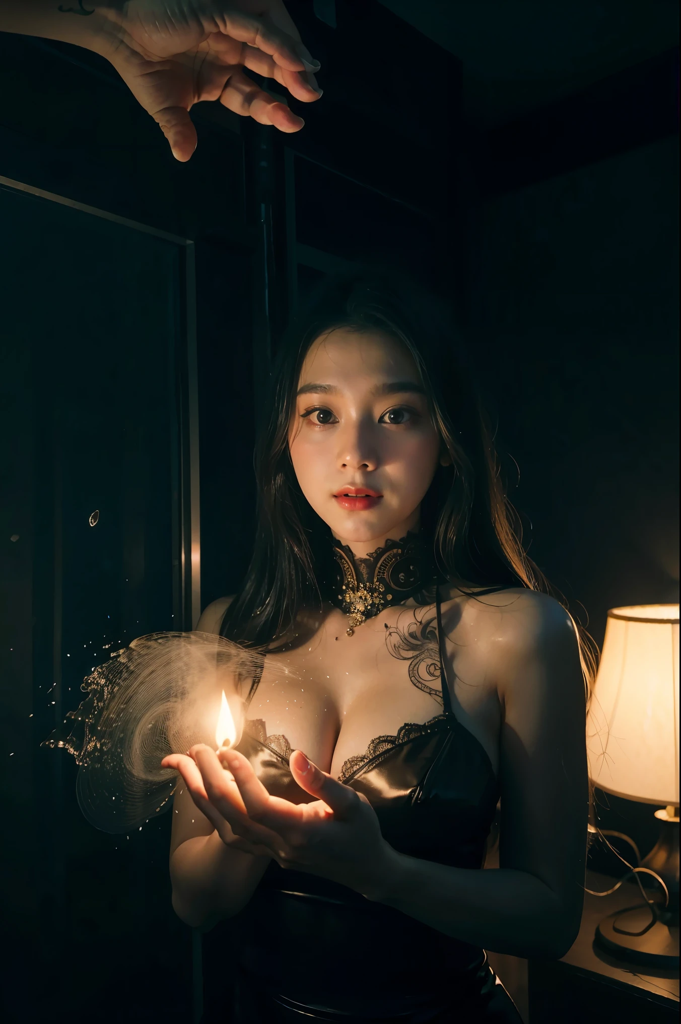 ((masterpiece, best quality)), ultra detailed 8k, photorealistic, sharp focus, highly detailed, professional lighting , shadowmancer, photo of a woman, ink particle, ((swirling black ink floating around)), futuristic fantasy, futuristic black dress, dynamic pose, realistic, masterpiece, intricate details, detailed background, depth of field,