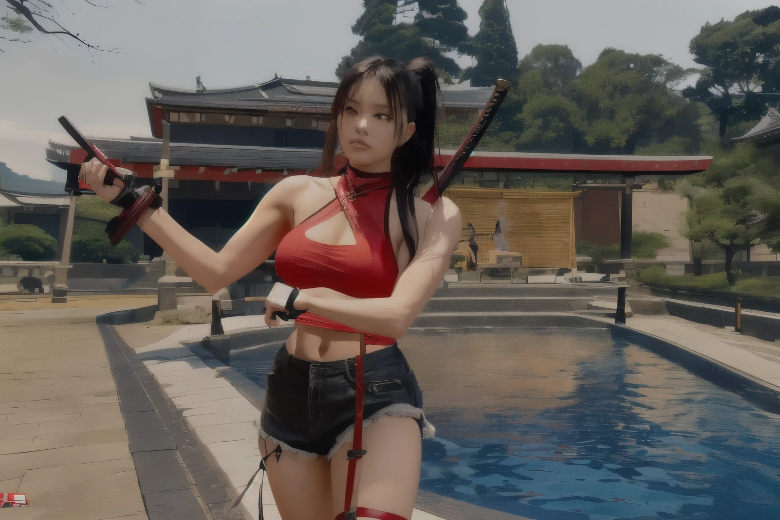 there is a woman in a red top and black shorts holding a sword, she is holding a katana sword, dramatic wielding katana pose, holding a whip, wielding a katana, ripped clothes holding whip, katana, katanas strapped to her back, unsheathing her katana, holding katana, as a character in tekken