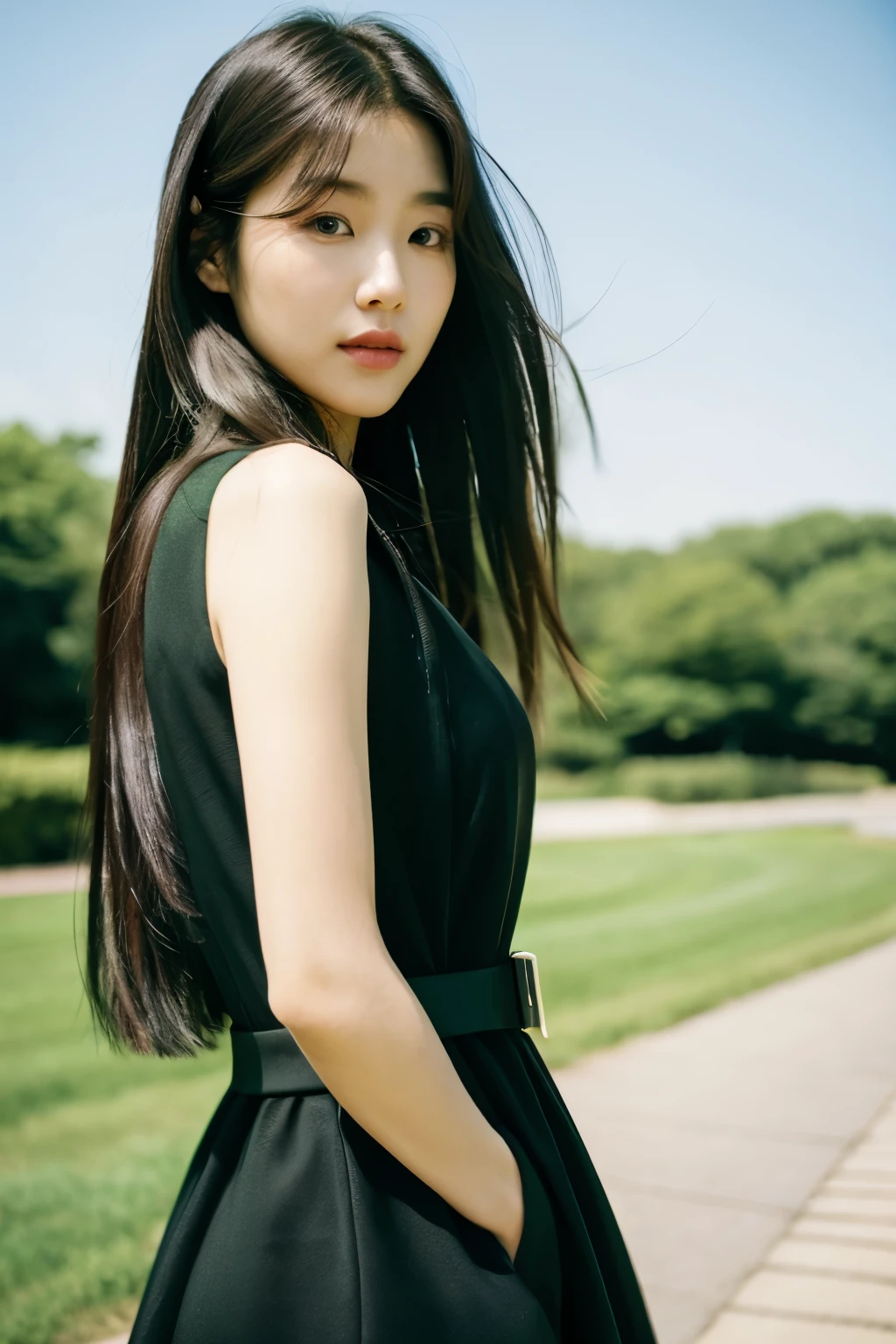 A long-haired woman wearing a black dress and a green belt, Nam Jae Yeon, Portrait of a Korean female idol, Lee Ji-eun, Lee Ji-eun, Yoshitomo Nara, Stopping distance - minutes, Huang Shishi, Black-haired Ishidaho, Larissa Manobar, Chiho