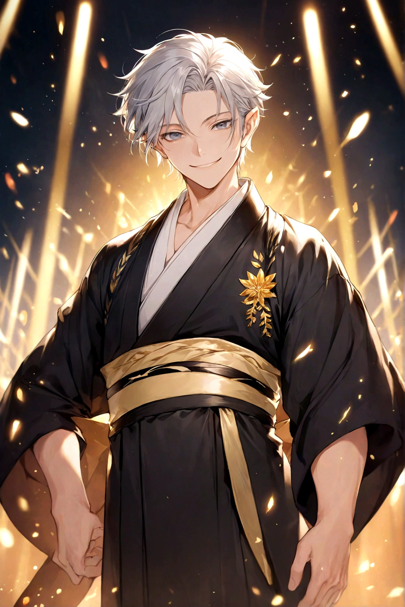 (Artwork, very high quality photo, CGI effect, lighting effect, shading effect), a male elf, bright gray eyes, short platinum hair, (wearing a black kimono with gold details), a brown scarf wrapped around his neck , white yukata over the kimono, (A confident smile on his face, a look of victory)