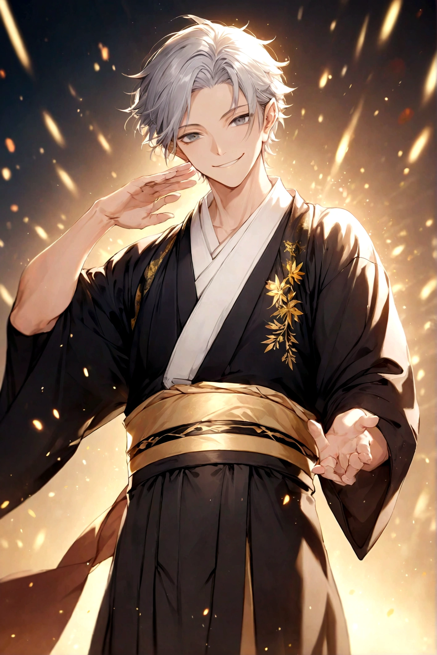 (Artwork, very high quality photo, CGI effect, lighting effect, shading effect), a male elf, bright gray eyes, short platinum hair, (wearing a black kimono with gold details), a brown scarf wrapped around his neck , white yukata over the kimono, (A confident smile on his face, a look of victory)