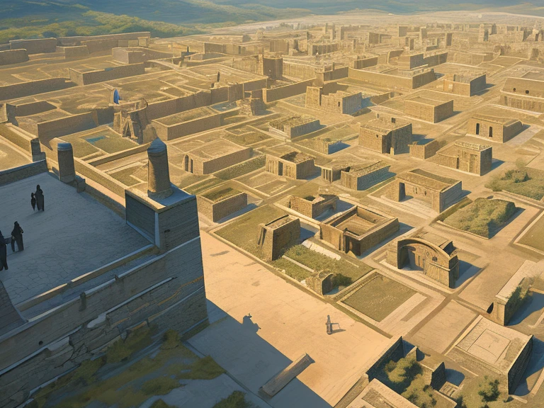 High up view of an ancient city with many houses, surrounded by a tall stone defensive wall. The city is on expansive grasslands with ploughed farms beyond its walls. The scene is in beaming sunlight. The buildings are constructed of yellow stone with orange tile roofs.
