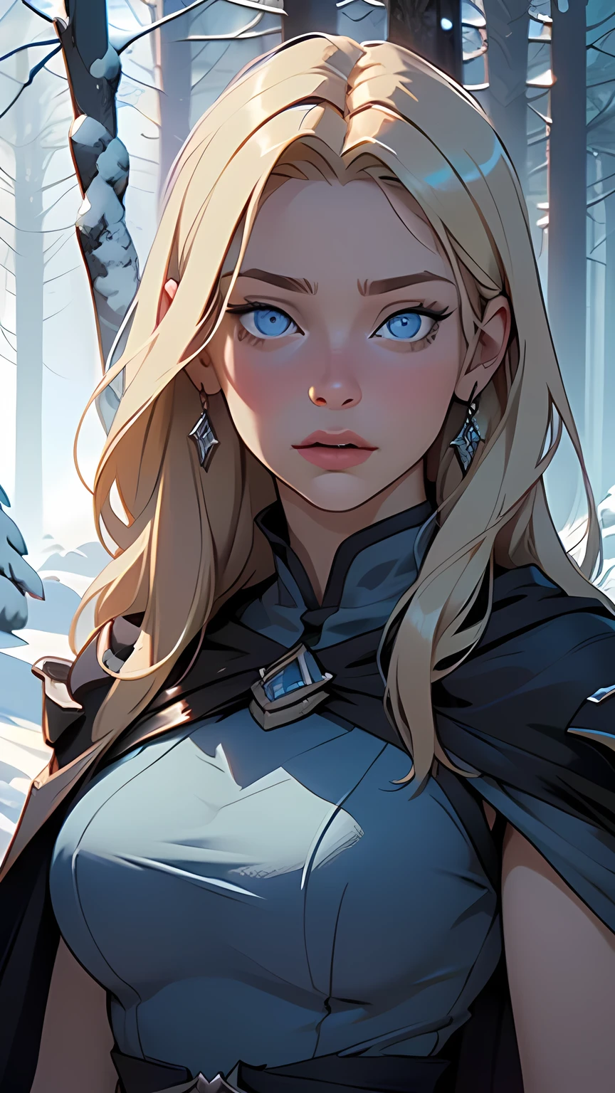 Young woman, Nordic,Young woman:1.5,ung woman,,(Young woman,muscle,1 Yowoman, 1 Young n), 18 year old Young woman, young,(blonde hair),(((blue_eyes:1.3))),difficult eyes,beautiful detailed eyes,symmetrical eyes,((detailed face)), certain body, waist-deep body cute face, (((blue eyes))), blonde long hair
(((beautiful girl in a purple dress with a cape))),((difficult outfit,difficult clothes)), Waist-deep frame
(dynamic pose:1.0),derisive,(centered,scale to size,rule of thirds),
((snowy pine forest at night, dark forest, snow, Foggy, An eerie aura, creepy atmosphere)),with dark storm clouds,winter,Landscape:1.25,difficult Landscape,((snow forest background)), ((night)), Moonlight
(Glossy winter ornaments),a high resolution,sharp focus,(ultra detailed,extremely detailed),(photorealistic work:1.37),(extremely detailed CG unity 8k wallpaper),(((bright colors,bright theme))),(difficult),(masterpiece),(Best quality),art photography,(photo taken by sldr),(difficult background),perfectly drawn face,perfect facial details,realistic face,photo realistic,((difficult detail)),(((realism))),
