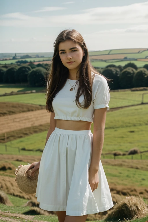 mejor calidad, Glamor young girl 18 years old white skin color stand in uk, Irlanda del Norte, con cuentas, disparado con Leica M3 135mm f1.8, alrededor de un campo de maiz