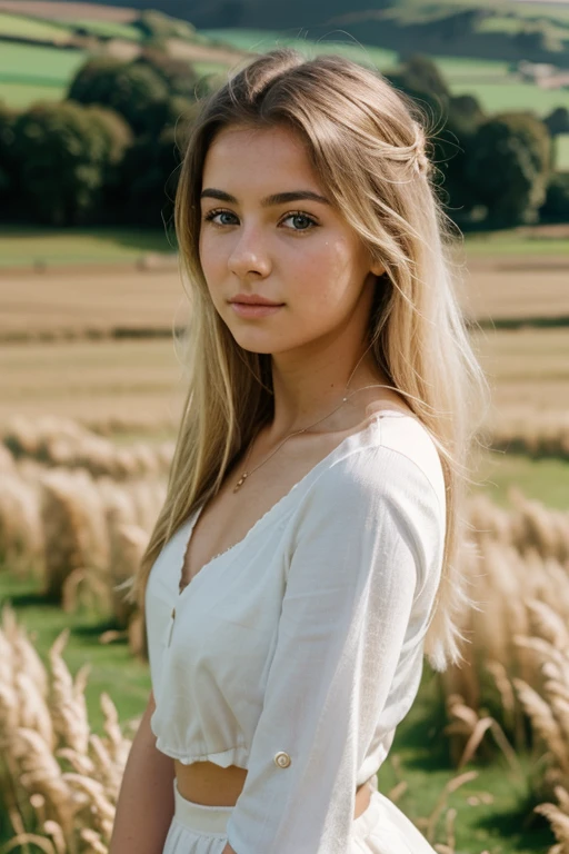 mejor calidad, Glamor young girl 18 years old white skin color stand in uk, Irlanda del Norte, con cuentas, disparado con Leica M3 135mm f1.8, alrededor de un campo de maiz
