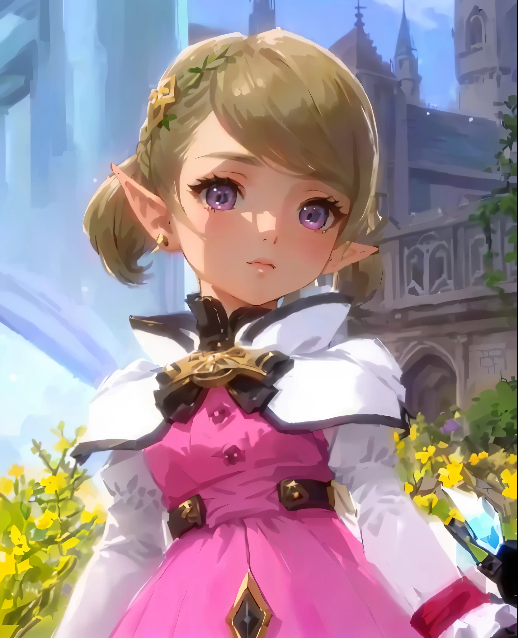 masterpiece:1.2, best quality, detailed and beautiful, very precise detailed, ultra detailed, extremely detailed body, realistic, extremely delicate and beautiful, extremely beautiful detailed anime face and eyes, extremely detailed body, Authentic and detailed face, complex details beautiful and delicate eyes, a close up of a person in a pink dress near a castle, lalafell, character close up, pink twintail hair and cyan eyes, character close-up, close up character, from bravely default ii, elf girl wearing an flower suit, final fantasy 14 style, pretty female cleric, , cute character, white hime cut hairstyle