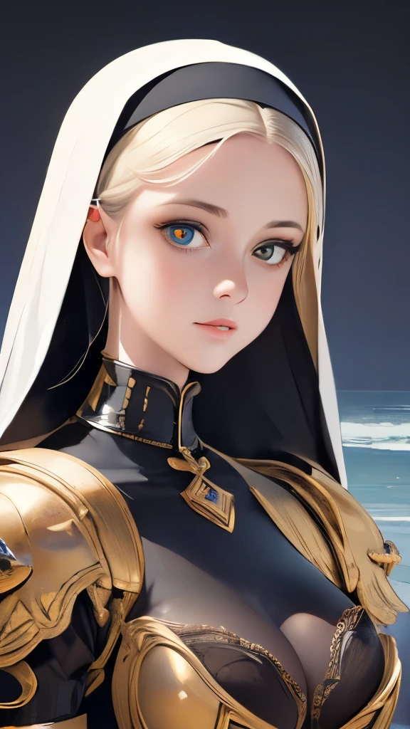 ((raw photo)), ((masterpiece)), anthropomorphic humanoid AngelGirl wearing nun's armor, intricate detail, futobot, intricate Greebles pieces, sea behind, yellow wings, beautiful, detailed eyes and lips