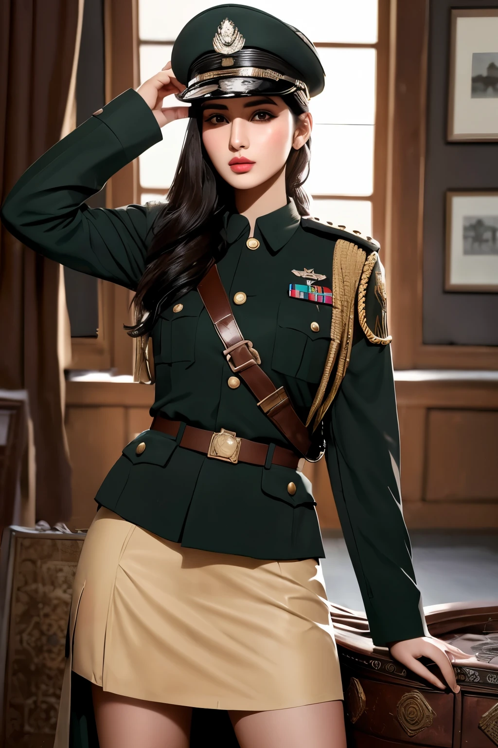 Afghan model girl, (28 years old), in the military room, skirt, cap, sunglasses, confident expression, (masterpiece, best quality, highly detailed, hyper realistic)