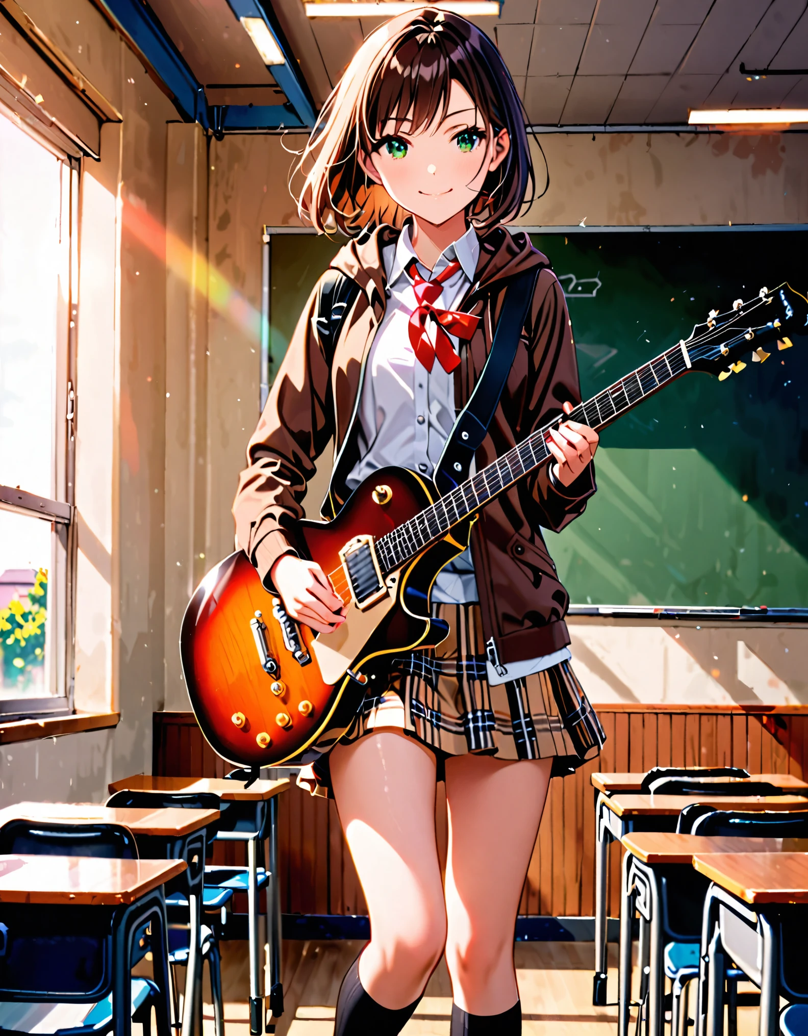 1girl, high school student, dark brown hoodie jacket, white shirt, red ribbon bow necktie, pleaded skirt, miniskirt, bare legs, black socks, brown shoes, jet black hair, short hair, green eyes, beautiful detailed eyes, beautiful detailed face, cute face, medium breasts, age 16-18, solo, solo focus, (playing guitar, electric guitar), smile, classroom backdrop, warm lighting, empty classroom