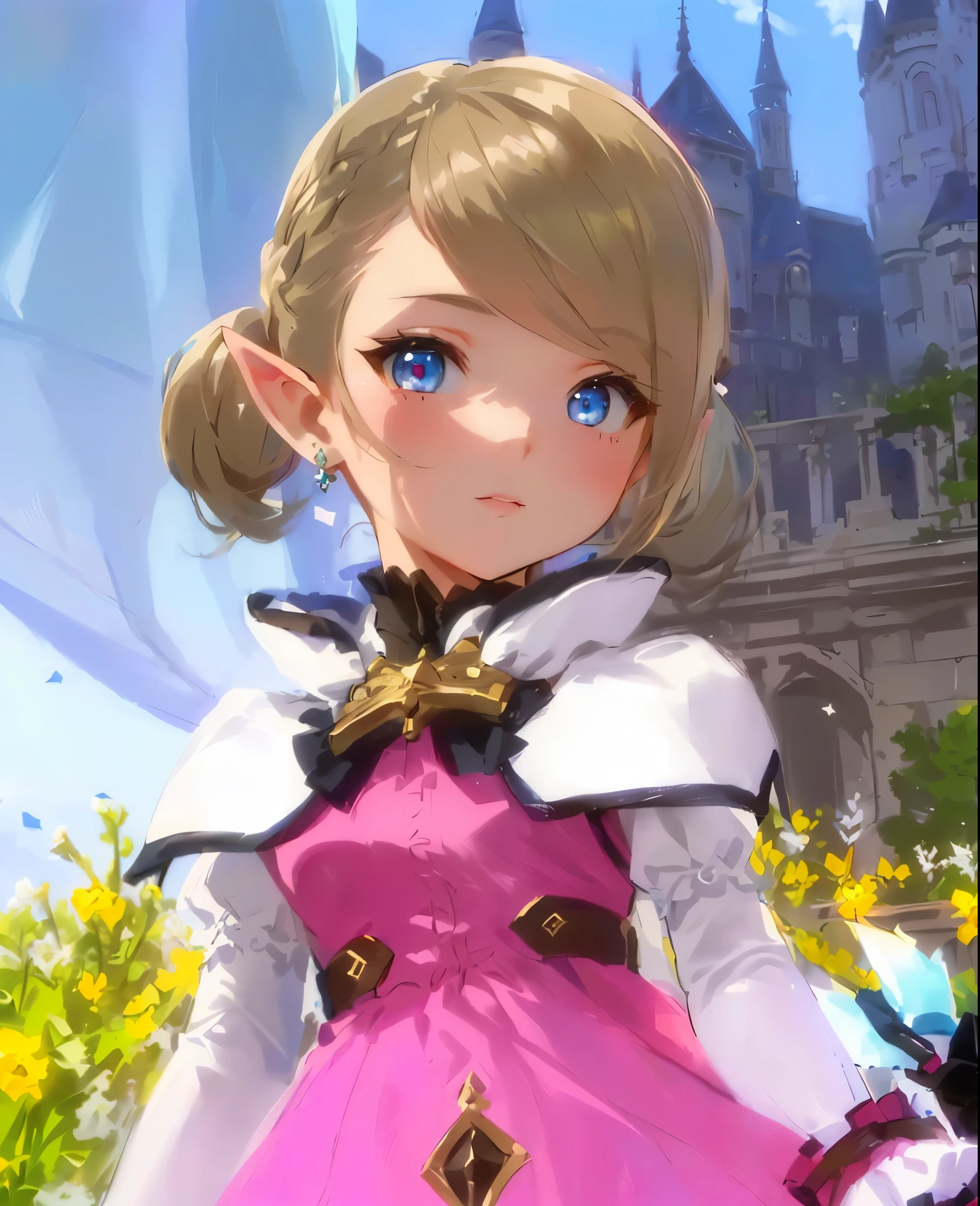 masterpiece:1.2, best quality, detailed and beautiful, very precise detailed, ultra detailed, extremely detailed body, realistic, extremely delicate and beautiful, extremely beautiful detailed anime face and eyes, extremely detailed body, Authentic and detailed face, complex details beautiful and delicate eyes, a close up of a person in a pink dress near a castle, lalafell, character close up, pink twintail hair and cyan eyes, character close-up, close up character, from bravely default ii, elf girl wearing an flower suit, final fantasy 14 style, pretty female cleric, , cute character, white hime cut hairstyle
