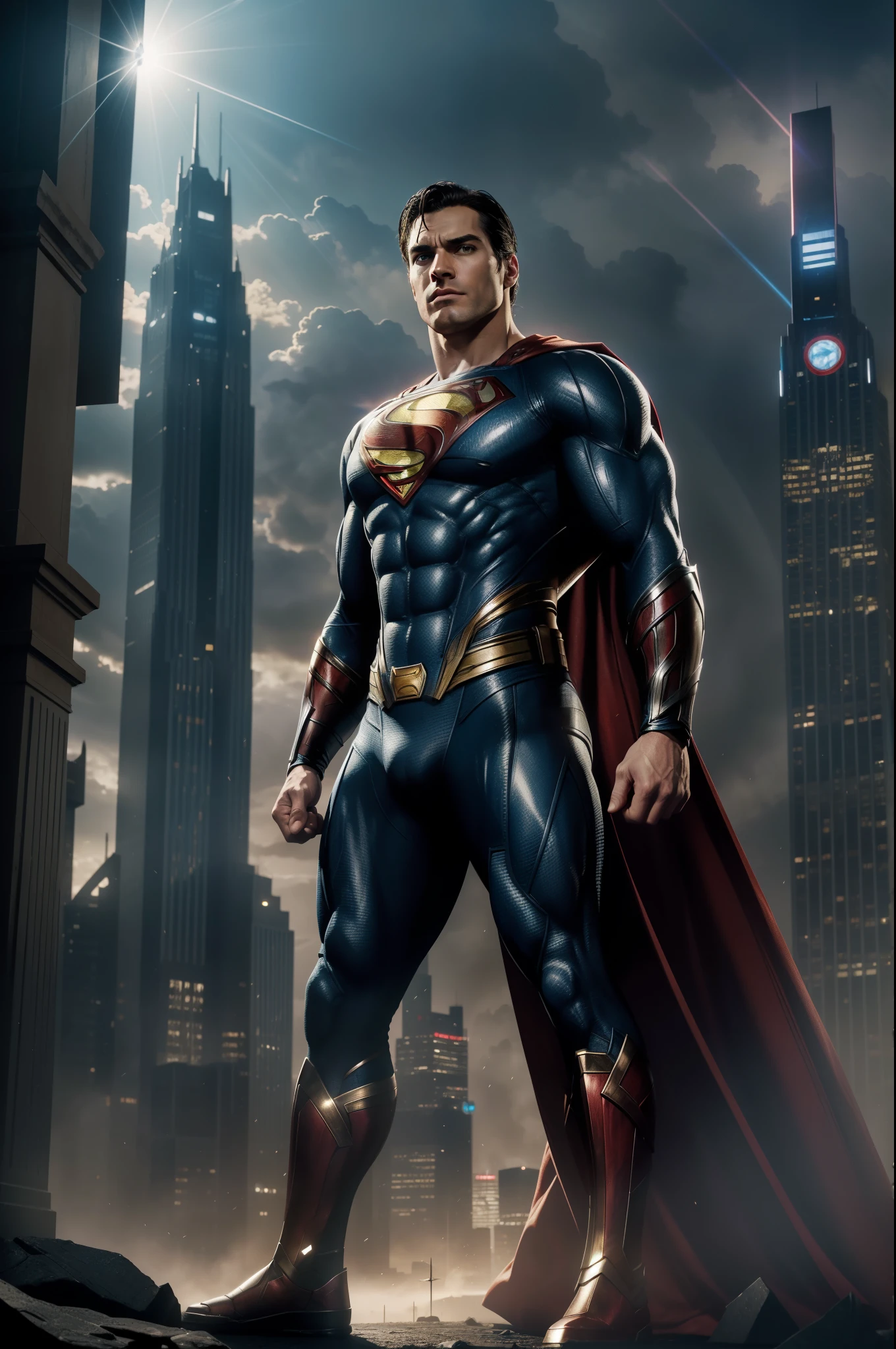 A breathtaking digital art piece showcases an ultra-realistic Justice League gathering, with Superman standing dramatically amidst Batman, Thor, Spider-Man, and a host of assorted superheroes – angels and assassins included. The scene is set against a backdrop of a technologically advanced city, with rays of light piercing through the misty atmosphere. The intricate details of each character's muscular bodies, facial features, and superhero accouterments shimmer in the high resolution 8k representation, capturing the multiverse's essence with striking realism. The lighting is perfect, casting rays of light that accentuate the heroes' forms, and the cityscape beyond adds