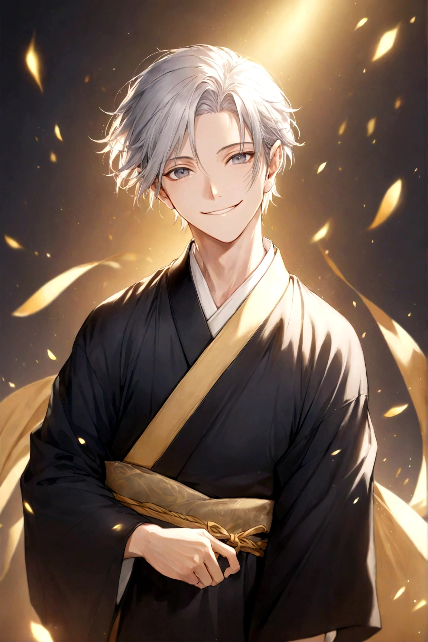 (Artwork, very high quality photo, CGI effect, lighting effect, shading effect), a male elf, bright gray eyes, short platinum hair, (wearing a black kimono with gold details), a brown scarf wrapped around his neck , white yukata over the kimono, (A confident smile on his face, a look of victory)