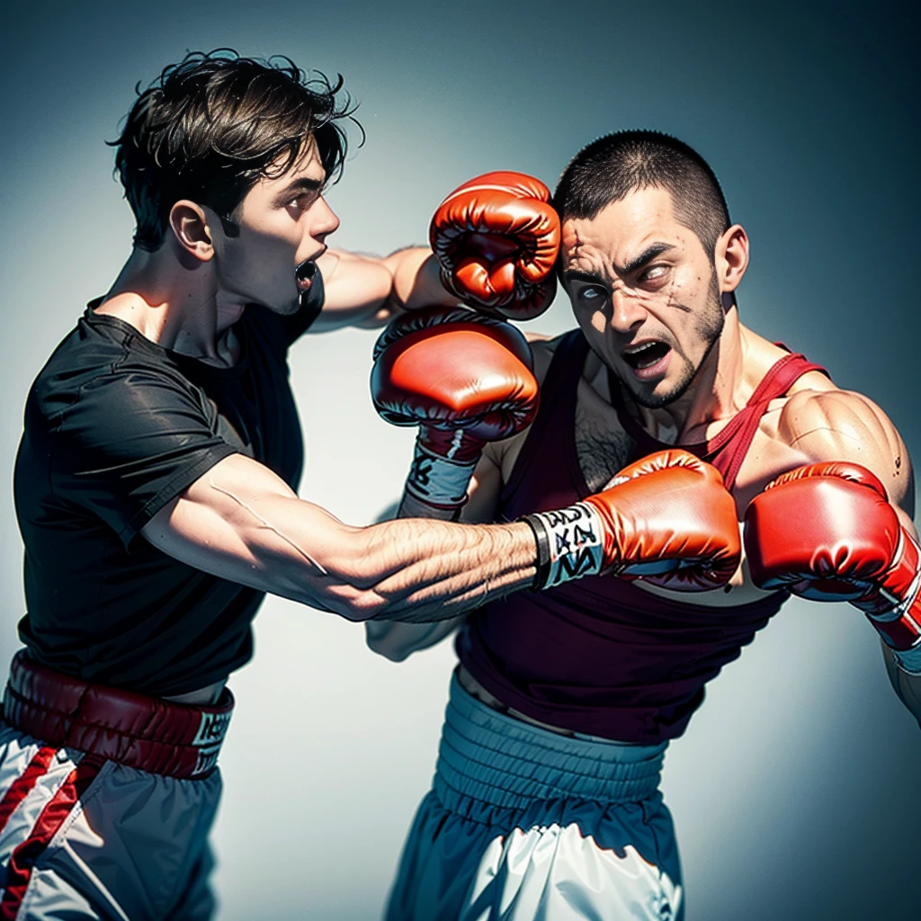 hairy Italian daddy muscle boxing with a strong chest and colossal arms and biceps, he wear a oversize white boxing gloves fighting with his adult in a close fight, he is teaching to boxing in a small boxing gym with large mirrors where they reflect. They both look tired and sweaty. both are muscular, hairy and stronger. they are huge and be hug, sweat over his bodies
