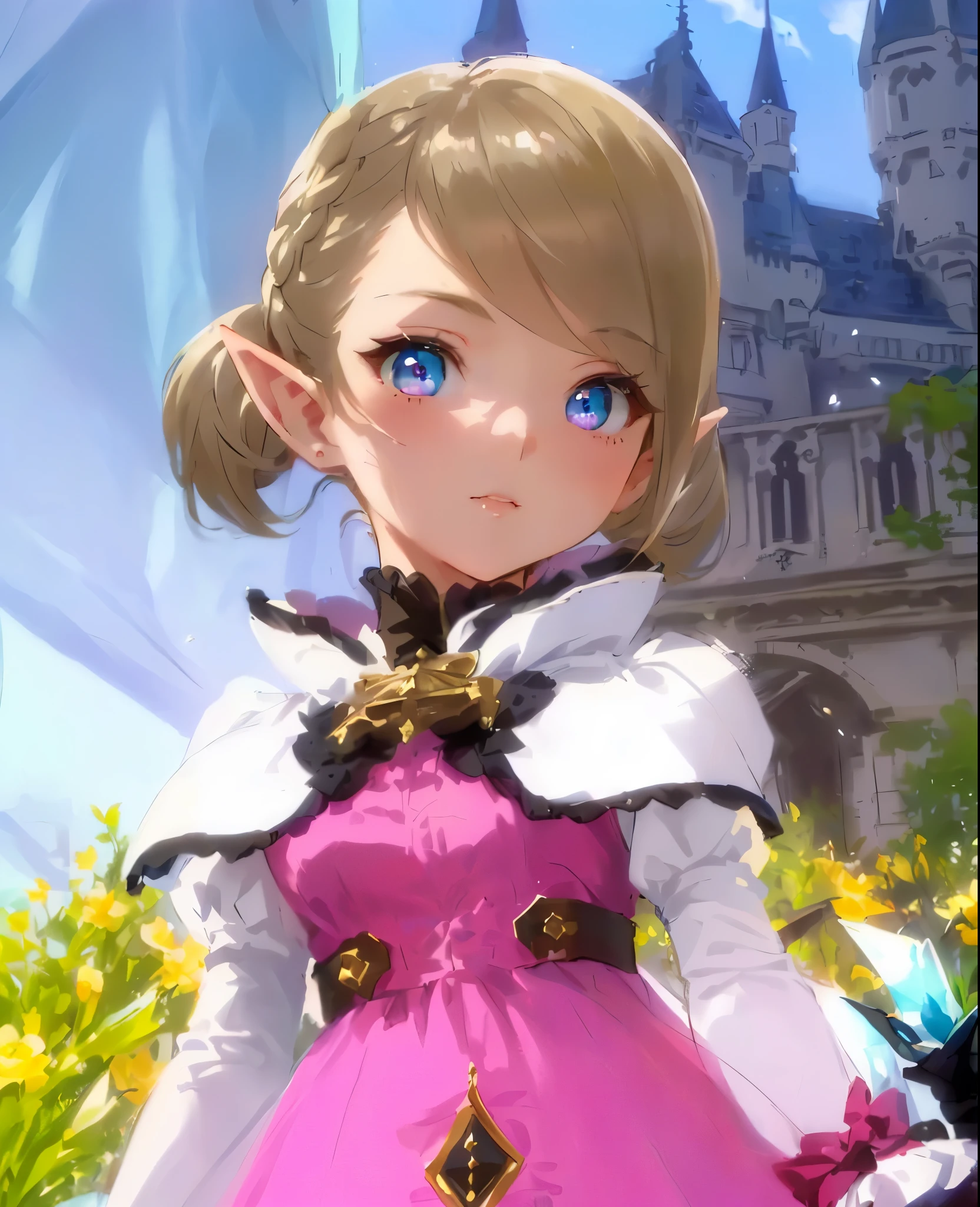 masterpiece:1.2, best quality, detailed and beautiful, very precise detailed, ultra detailed, extremely detailed body, realistic, extremely delicate and beautiful, extremely beautiful detailed anime face and eyes, extremely detailed body, Authentic and detailed face, complex details beautiful and delicate eyes, a close up of a person in a pink dress near a castle, lalafell, character close up, pink twintail hair and cyan eyes, character close-up, close up character, from bravely default ii, elf girl wearing an flower suit, final fantasy 14 style, pretty female cleric, loli, cute character, white hime cut hairstyle