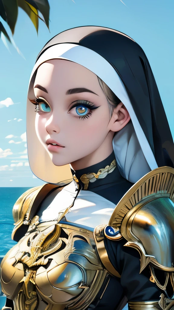 ((raw photo)), ((masterpiece)), anthropomorphic humanoid AngelGirl wearing nun's armor, intricate detail, futobot, intricate Greebles pieces, sea behind, yellow wings, beautiful, detailed eyes and lips