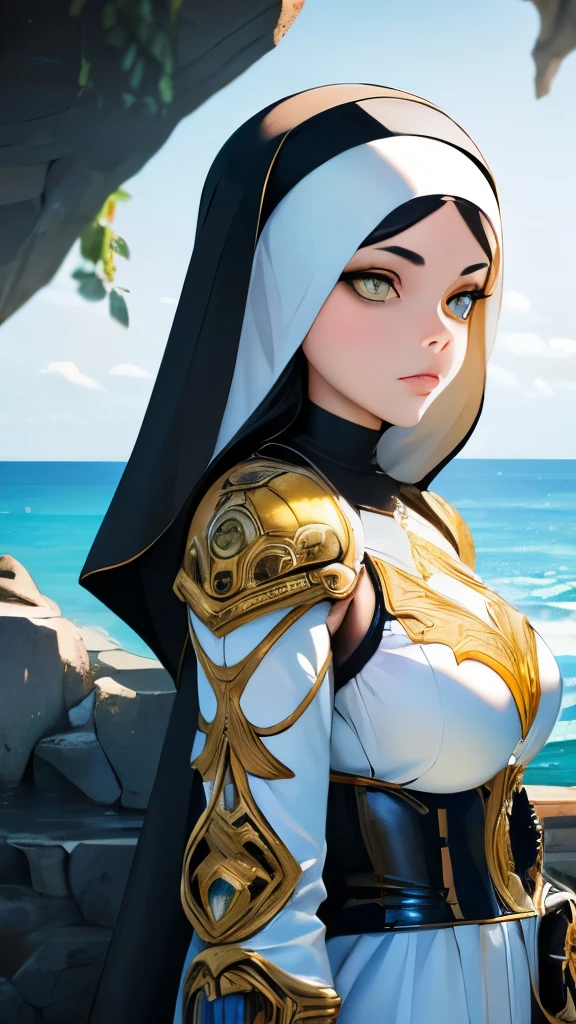 ((raw photo)), ((masterpiece)), anthropomorphic humanoid AngelGirl wearing nun's armor, intricate detail, futobot, intricate Greebles pieces, sea behind, yellow wings, beautiful, detailed eyes and lips