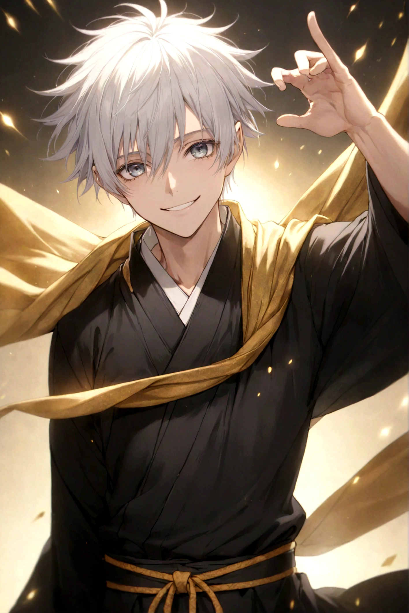 (Artwork, very high quality photo, CGI effect, lighting effect, shading effect), a male elf, bright gray eyes, short platinum hair, (wearing a black kimono with gold details), a brown scarf wrapped around his neck , white yukata over the kimono, (A confident smile on his face, a look of victory)