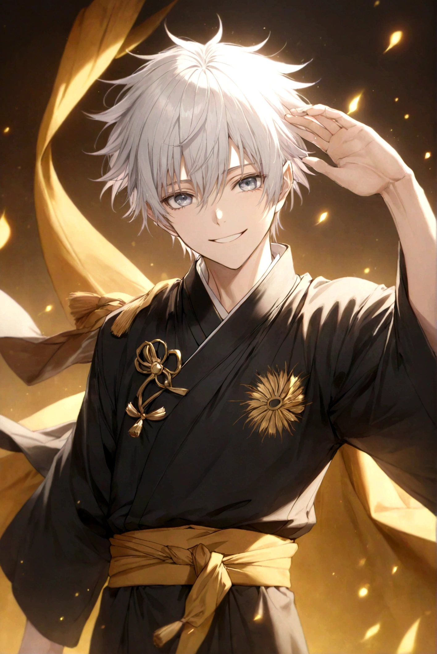 (Artwork, very high quality photo, CGI effect, lighting effect, shading effect), a male elf, bright gray eyes, short platinum hair, (wearing a black kimono with gold details), a brown scarf wrapped around his neck , white yukata over the kimono, (A confident smile on his face, a look of victory)