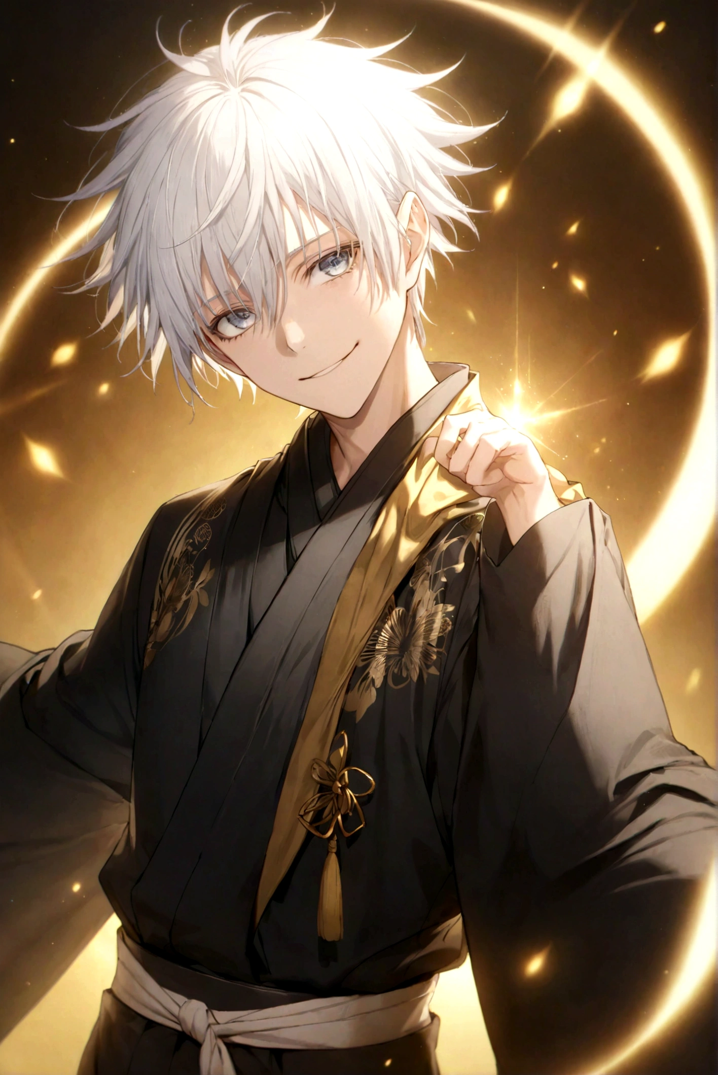 (Artwork, very high quality photo, CGI effect, lighting effect, shading effect), a male elf, bright gray eyes, short platinum hair, (wearing a black kimono with gold details), a brown scarf wrapped around his neck , white yukata over the kimono, (A confident smile on his face, a look of victory)