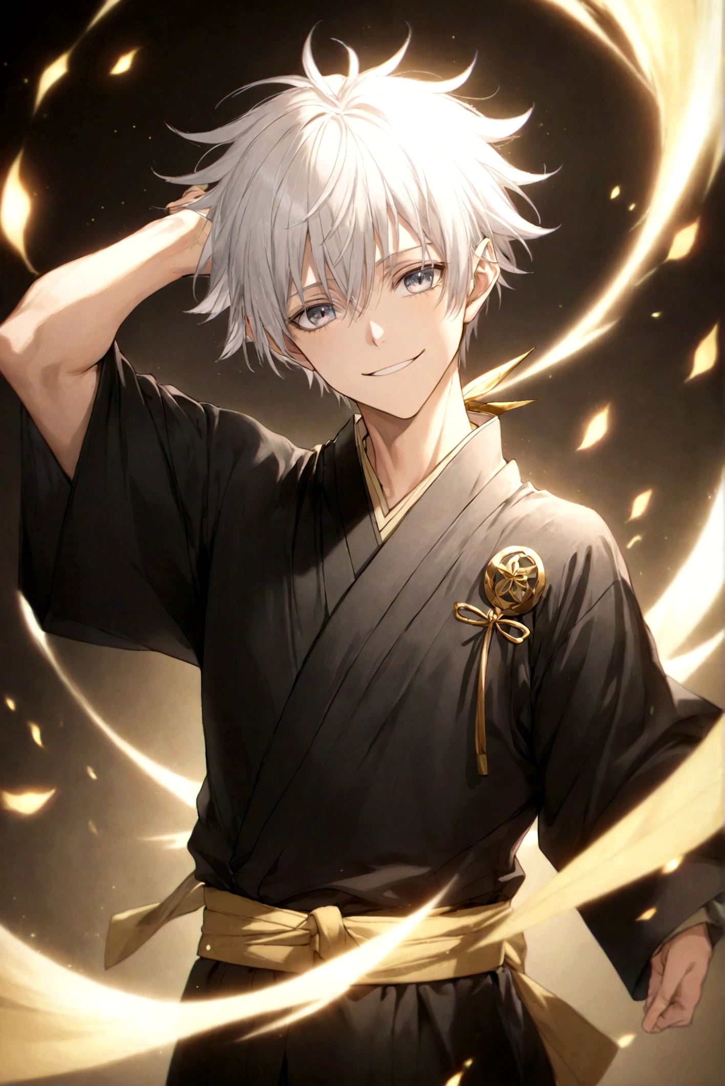 (Artwork, very high quality photo, CGI effect, lighting effect, shading effect), a male elf, bright gray eyes, short platinum hair, (wearing a black kimono with gold details), a brown scarf wrapped around his neck , white yukata over the kimono, (A confident smile on his face, a look of victory)