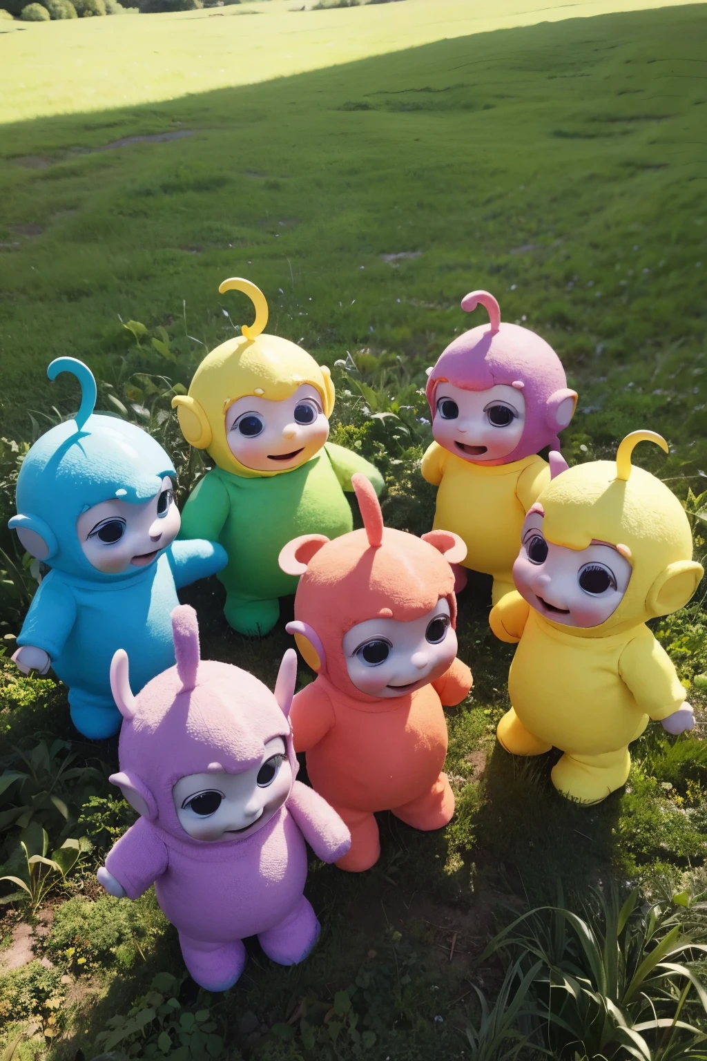 6 teletubbies, standing, de frente, de cores diferentes, em um campo aberto, fundo simples