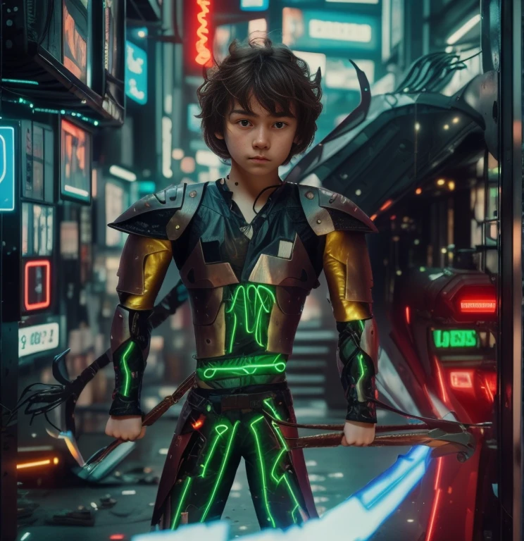 ((Ultra realistic,photo realistic, photography)), Full-length hyperrealistic photograph of a 1 boy, 20 years old, cyberpunk archer, with cyberpunk technological armor, neon lights effects, energy bow, energy arrows, short brown hairs, masterpiece, photorealistic, raw camera, uhd, 8k