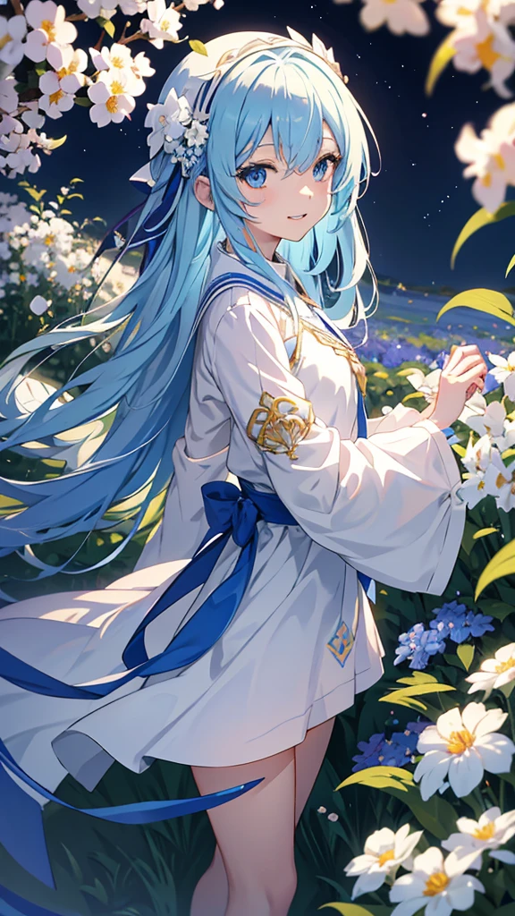 Anime Girl,light blue hair,blue eyes,White裙子,White,Flower headdress,Standing in the flower field,Smile,Starry sky background,Popular topics on artstation pixiv, Digital Art on pixiv, anime art wallpaper 8 k, guweiz on pixiv artstation, Anime Art Wallpaper 4K, Anime Art Wallpaper 4K, Top rated on Pixiv, Beautiful anime artwork, Pixiv competition winner,(Multi-angle)(Grin)