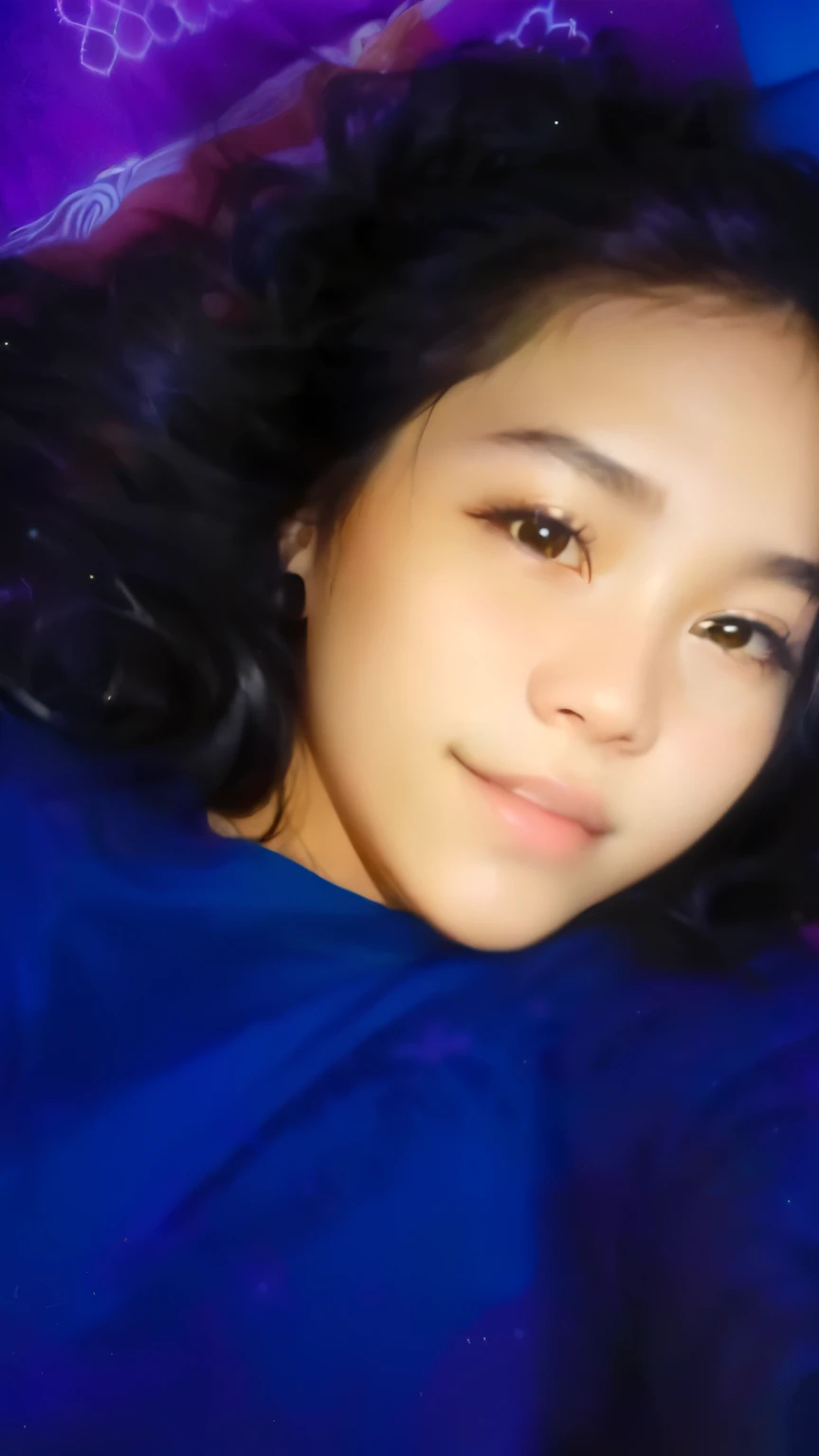 there is a young girl laying on a bed with a cell phone, 18 years old, she is about 1 6 years old, 1 6 years old, very very low quality picture, with glowing blue lights, (((((((no glow))))))), selfie of a young woman, cindy avelino, potrait, ayahausca, slight cute smile