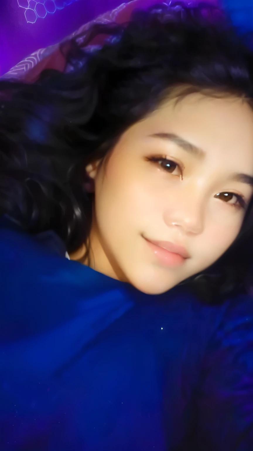 there is a young girl laying on a bed with a cell phone, 18 years old, she is about 1 6 , 1 6 years oldry low quality picture, with glowing blue lights, (((((((no glow))))))), selfie of a young woman, cindy avelino, potrait, ayahausca, slight cute smile