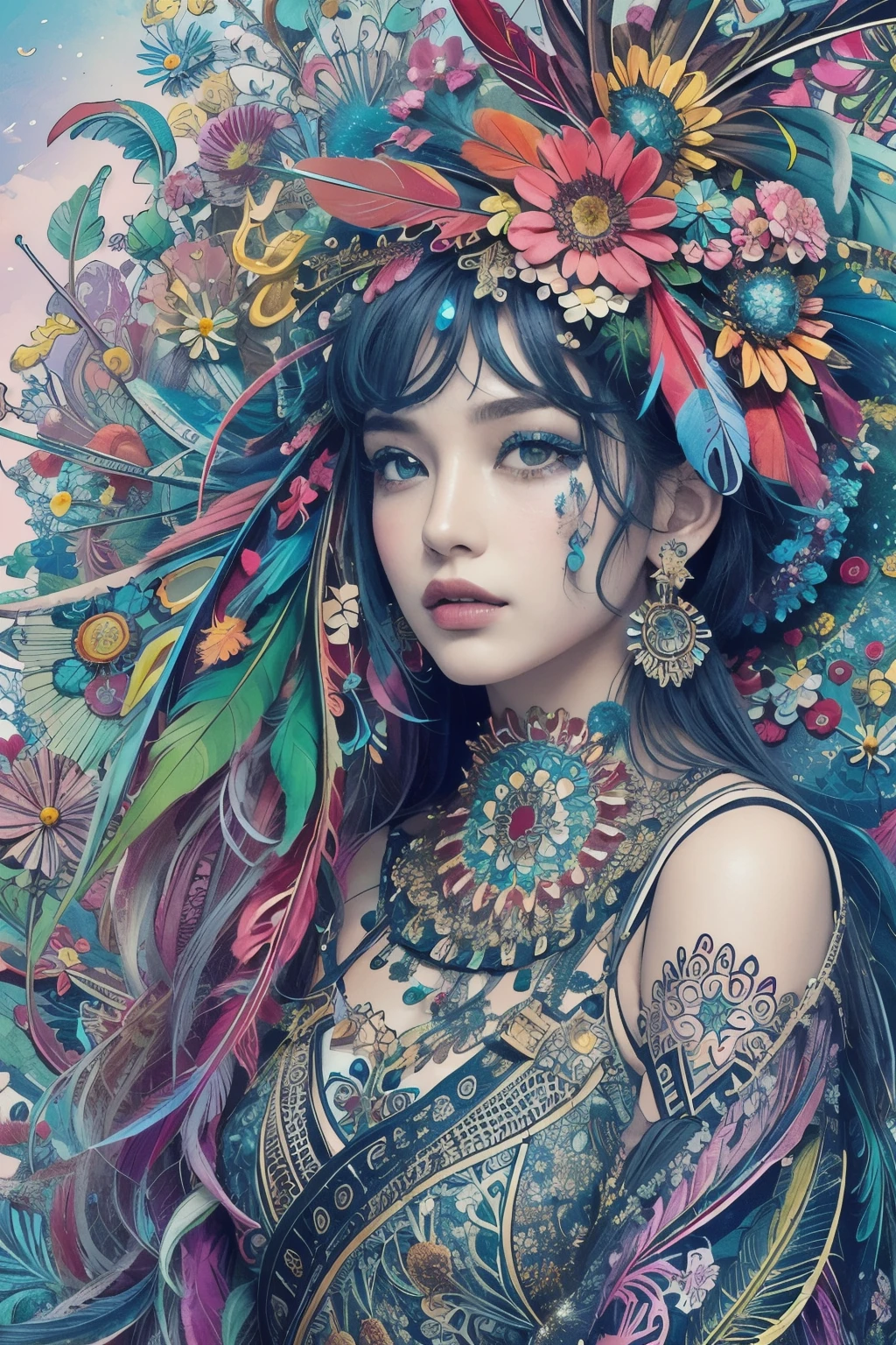 (masterpiece, Top quality, best quality, Official Art, beautiful and aesthetic:1.2), (1 Girl:1.3), Very detailed,(Fractal Art:1.1),(rich and colorful:1.1)(Flowers:1.3),The most detailed,(Zentangle:1.2), whole body, (Blue Background:1.3), (shiny skin), (Many colors:1.4), ,(earrings), (feather:1.5),