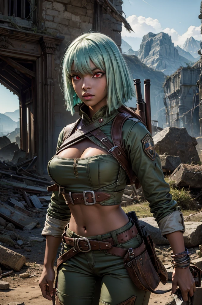 emeraldsustrai, emerald sustrai, short hair, (red eyes:1.5), green hair, dark skin, dark-skinned female, BREAK navel, cleavage, midriff, belt, cleavage cutout, chaps, BREAK city ruins on hill, in valley, mountains in background, waterfall, crowd, (crowd in military dress), post-apocalypse, dystopian future, crowd, (crowd in military uniforms), (volumetric lighting), best quality, masterpiece, intricate details, tonemapping, sharp focus, hyper detailed, BREAK searching through ruins, (cowboy shot:1.5), BREAK (masterpiece:1.2), best quality, high resolution, unity 8k wallpaper, (illustration:0.8), (beautiful detailed eyes:1.6), extremely detailed face, perfect lighting, extremely detailed CG, (perfect hands, perfect anatomy), 