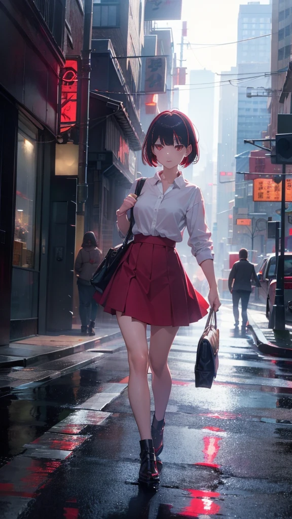 girl with short bob hair,Red eyes ,A shining heaven,Walking in heaven