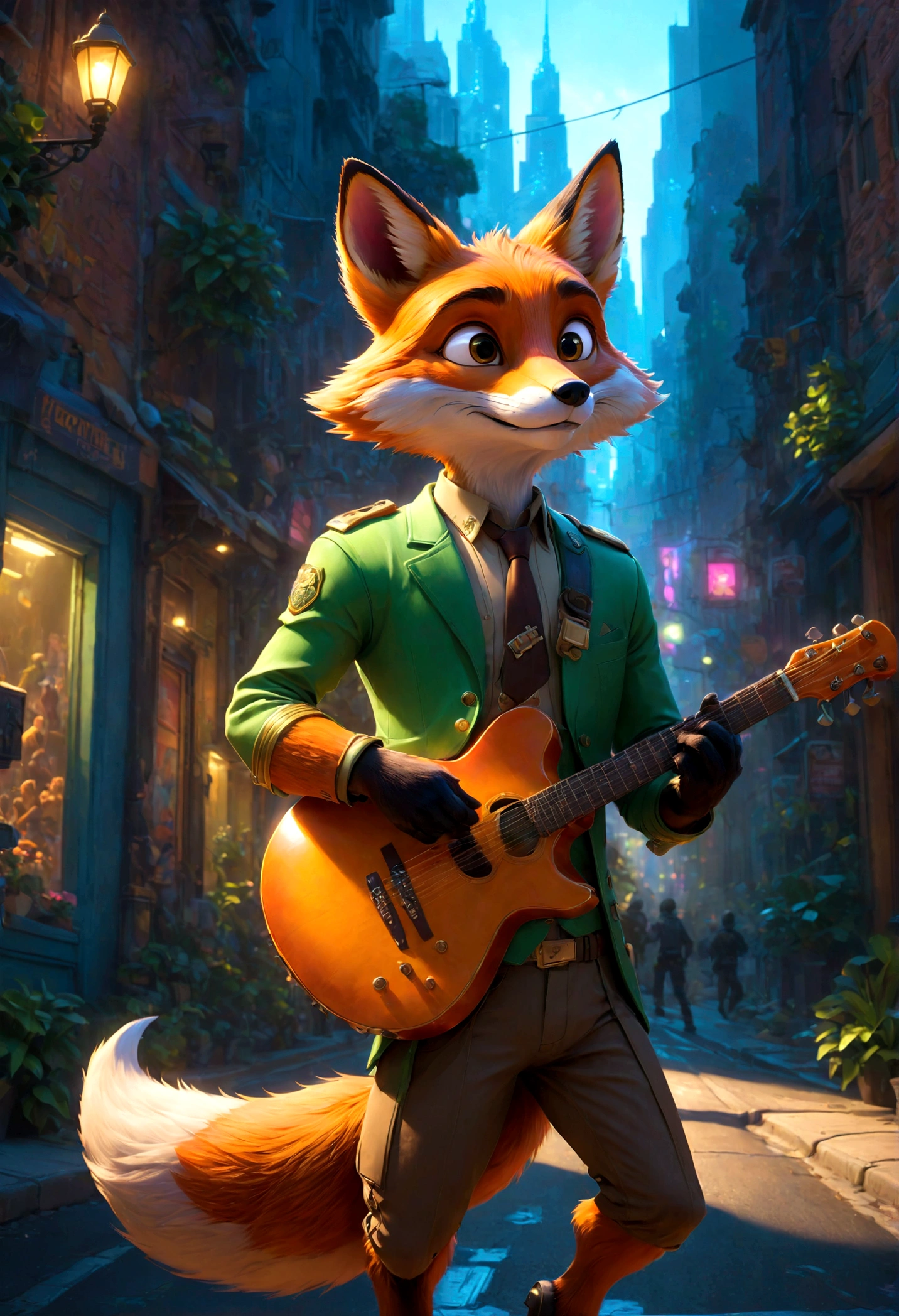 a fox Guitarist, "Zootopia", city street, dramatic composition, cinematic dynamic action scene, vibrant colors, cinematic lighting, dramatic lighting, best quality, masterpiece, very aesthetic, perfect composition, intricate details, ultra-detailed