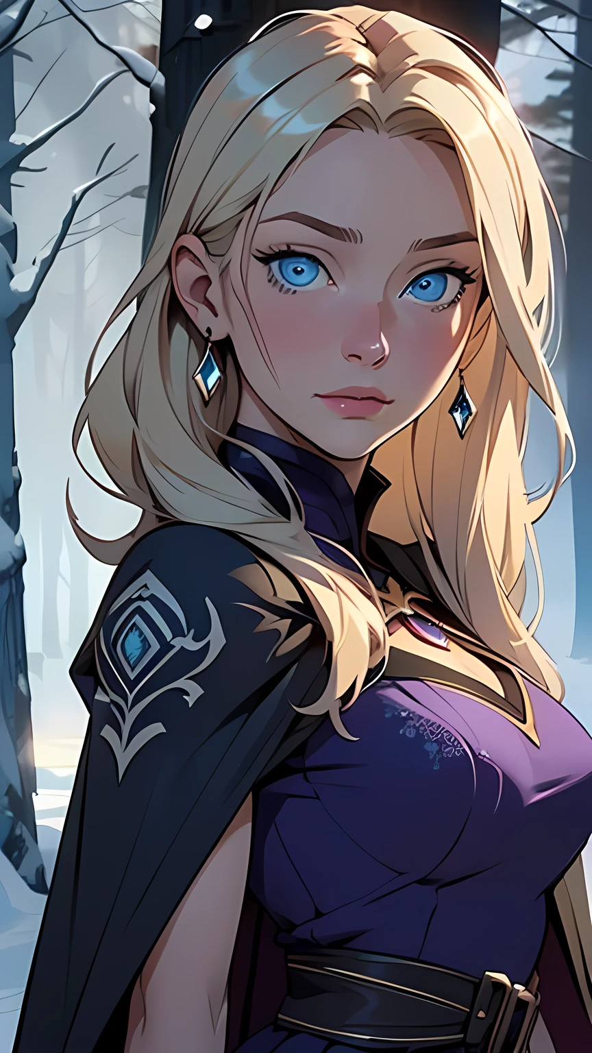 Young woman, Nordic,Young woman:1.5,ung woman,,(Young woman,muscle,1 Yowoman, 1 Young n), 18 year old Young woman, young,(blonde hair),(((blue_eyes:1.3))),difficult eyes,beautiful detailed eyes,symmetrical eyes,((detailed face)), certain body, waist-deep body cute face, slight smile, (((blue eyes))), blonde long hair
(((beautiful girl in a purple dress with a cape))),((difficult outfit,difficult clothes)), Waist-deep frame
(dynamic pose:1.0),derisive,(centered,scale to size,rule of thirds),
((snowy pine forest at night, dark forest, snow, Foggy, An eerie aura, creepy atmosphere)),with dark storm clouds,winter,Landscape:1.25,difficult Landscape,((snow forest background)), ((night)), Moonlight
(Glossy winter ornaments),a high resolution,sharp focus,(ultra detailed,extremely detailed),(photorealistic work:1.37),(extremely detailed CG unity 8k wallpaper),(((bright colors,bright theme))),(difficult),(masterpiece),(Best quality),art photography,(photo taken by sldr),(difficult background),perfectly drawn face,perfect facial details,realistic face,photo realistic,((difficult detail)),(((realism))),
