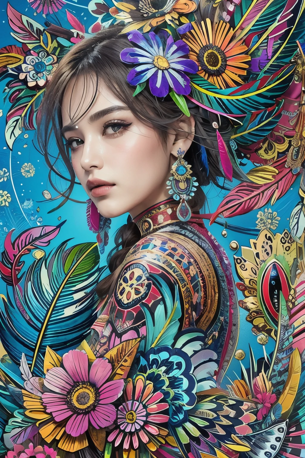 (masterpiece, Top quality, best quality, Official Art, beautiful and aesthetic:1.2), (1 Girl:1.3), Very detailed,(Fractal Art:1.1),(rich and colorful:1.1)(Flowers:1.3),The most detailed,(Zentangle:1.2), whole body, (Blue Background:1.3), (shiny skin), (Many colors:1.4), ,(earrings), (feather:1.5),