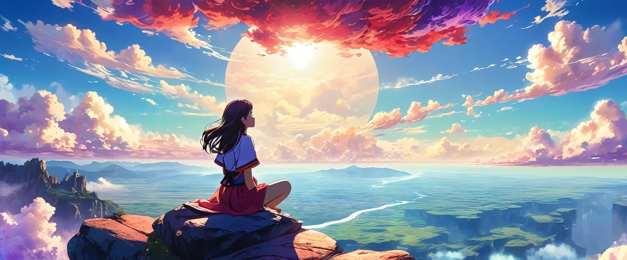 A girl sitting on a floating rock stage in the sky, focusing on the scenery behind her. the image is of the highest quality, in 4K resolution, with breathtaking details. The art style should have an anime influence, capturando a atmosfera encantadora. The scene is illuminated by ambient lighting, Creating a mesmerizing and immersive experience. The girl is positioned on the rock stage with her back to the spectator, showing the wide view of the scenery behind her. The stage is floating in the sky, cercado por um colorido mar de nuvens. Sunlight shines through the clouds, casting vibrant shades of red and purple into the sky. The girl is wearing a beautiful and detailed outfit, in line with an anime aesthetic. Seu cabelo flui graciosamente na brisa suave, adding movement and elegance to the image. Sua postura exala tranquilidade e serenidade, enquanto ela se senta pacificamente no palco do rock. The landscape in the background is breathtaking, com paisagens verdes exuberantes, montanhas majestosas, e cachoeiras cintilantes. The landscape is rich in vibrant and vivid colors, bringing life and energy to the image. The overall atmosphere of the artwork is serene and ethereal, creating a sense of wonder and tranquility. The combination of the floating rock stage, o mar de nuvens coloridas, and captivating lighting evokes a dreamlike and fantastical environment. This prompt captures the essence of a beautiful anime-inspired work of art, showing the girl's presence in a mesmerizing and vibrant world. Focusing on the scenery behind her adds depth and visual interest, criando uma obra-prima visualmente deslumbrante e envolvente.