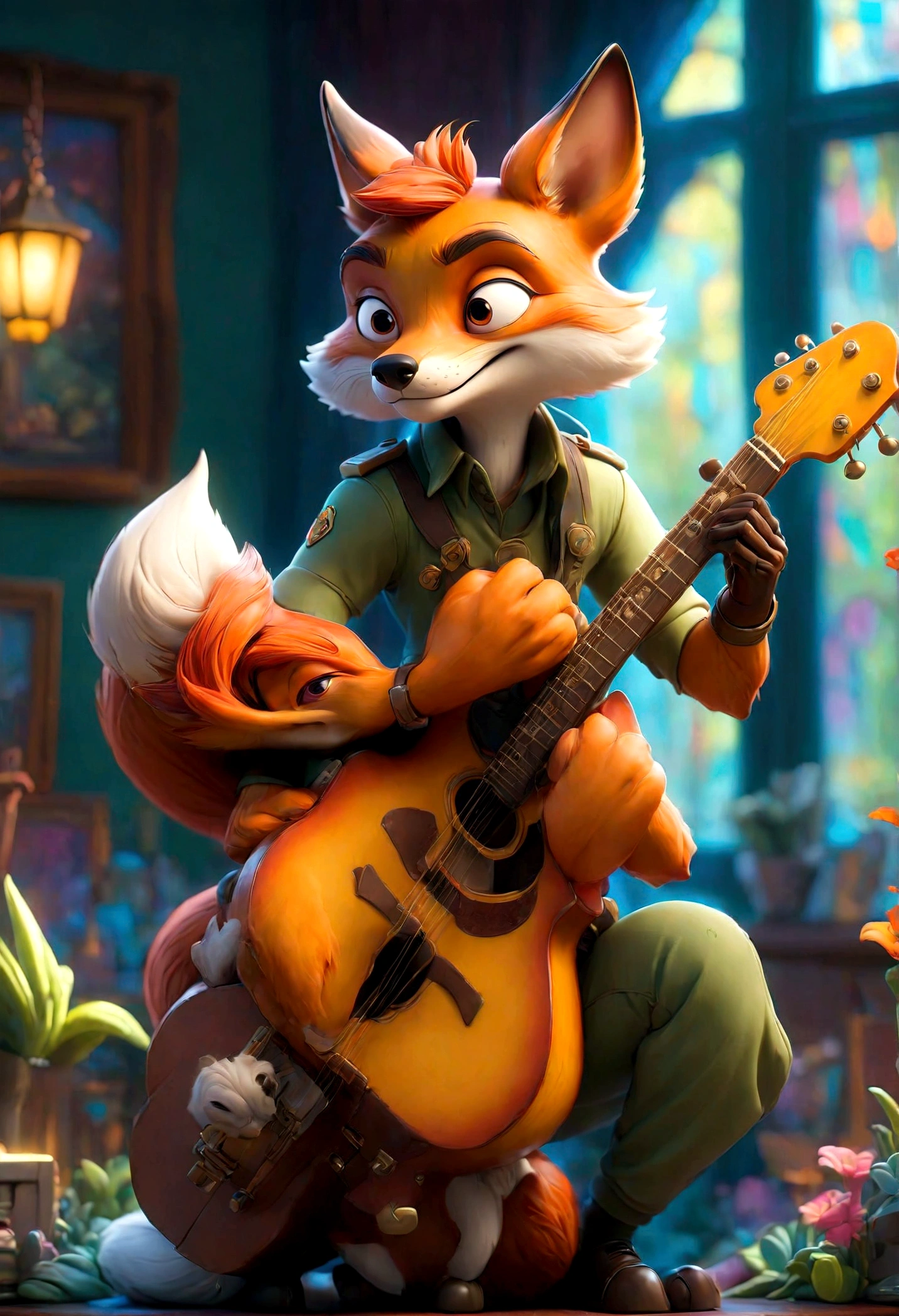 a fox Guitarist, "Zootopia", living room, dramatic composition, cinematic dynamic action scene, vibrant colors, cinematic lighting, dramatic lighting, best quality, masterpiece, very aesthetic, perfect composition, intricate details, ultra-detailed