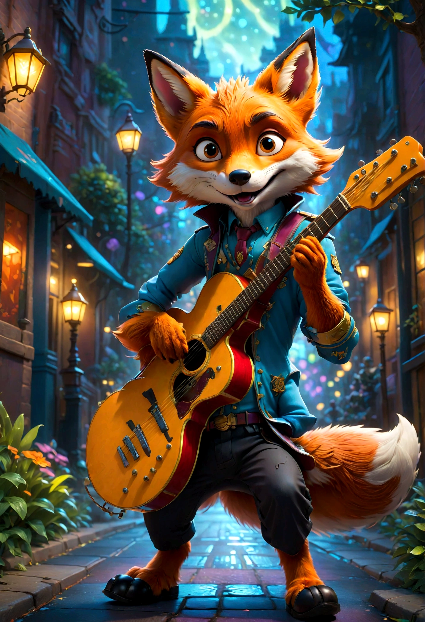 a fox Guitarist, "Zootopia", street, dramatic composition, cinematic dynamic action scene, vibrant colors, cinematic lighting, dramatic lighting, best quality, masterpiece, very aesthetic, perfect composition, intricate details, ultra-detailed