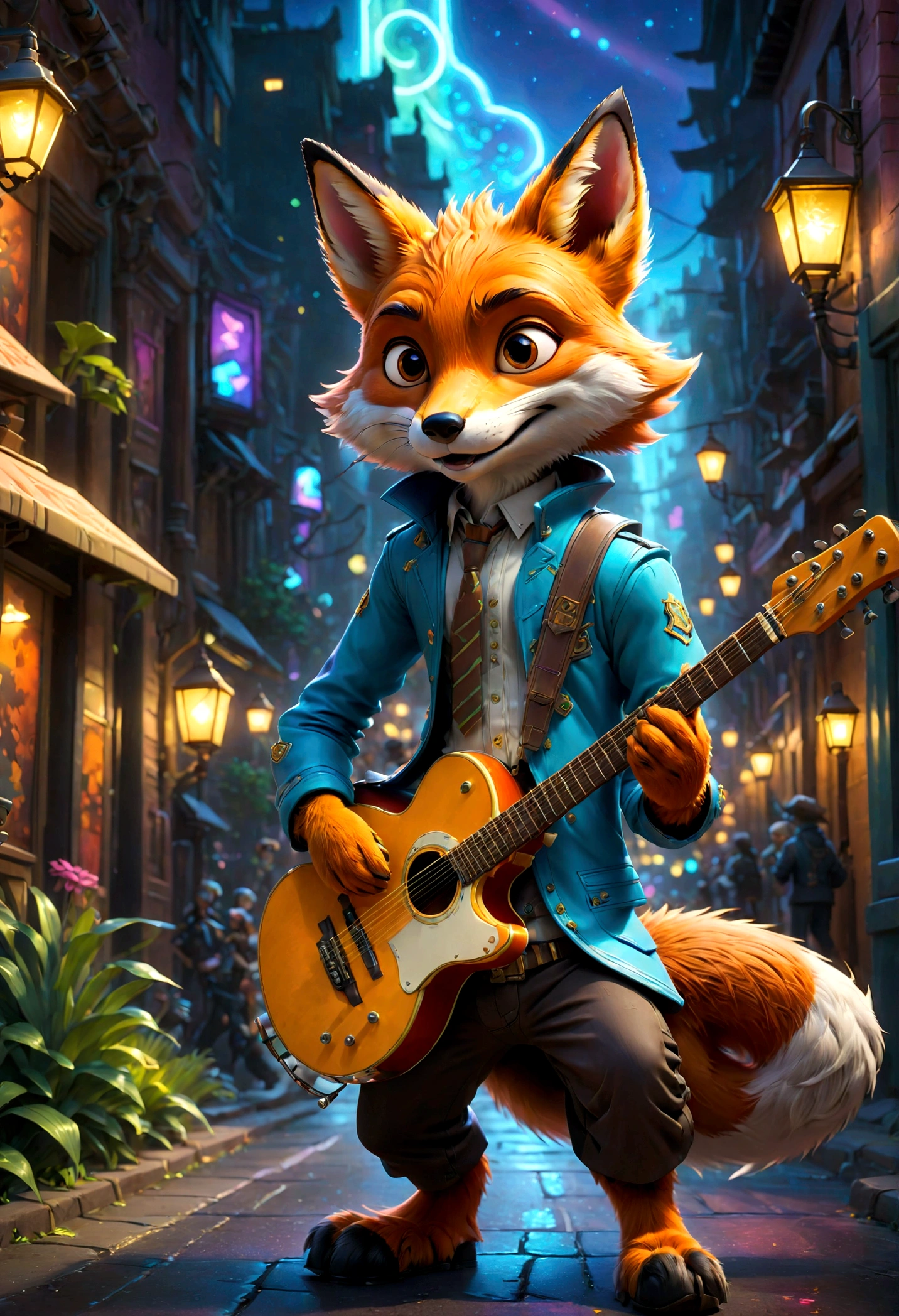 a fox Guitarist, "Zootopia", street, dramatic composition, cinematic dynamic action scene, vibrant colors, cinematic lighting, dramatic lighting, best quality, masterpiece, very aesthetic, perfect composition, intricate details, ultra-detailed