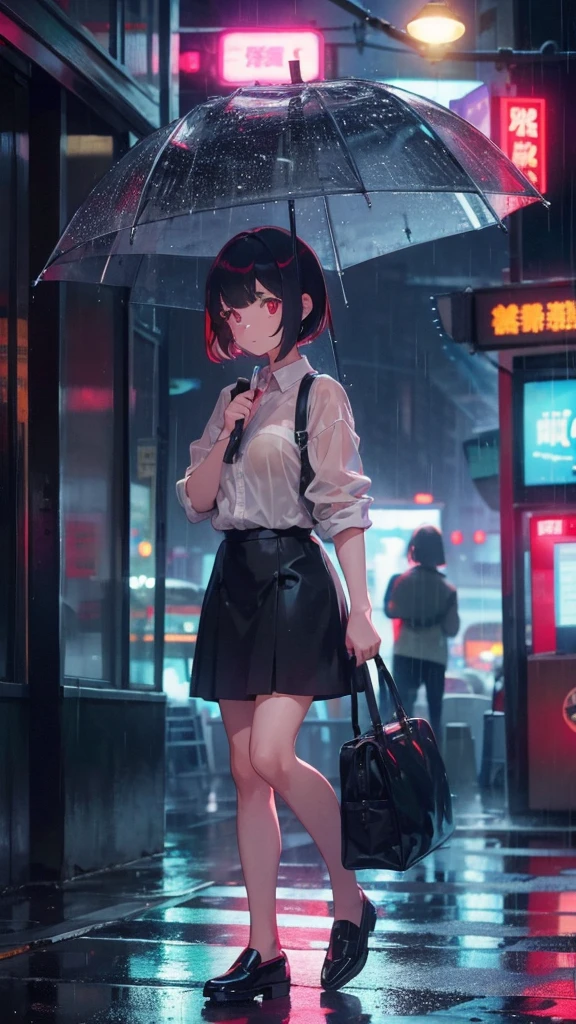 girl with short bob hair,Red eyes ,Standing in the rainy city